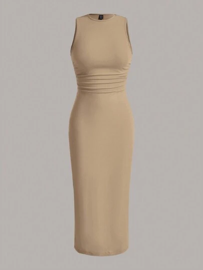 SHEIN EZwear Summer Outfits Solid Ruched Waist Dress
