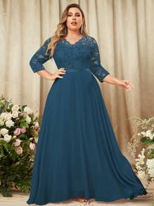 MIUSOL 加大花朵蕾丝撞色雪纺七分袖正式派对长裙、节日女式长裙、优雅女式派对裙、正式晚礼服、舞会礼服、婚礼宾客、毕业典礼、晚宴 - 霧霾藍 - 查看 1