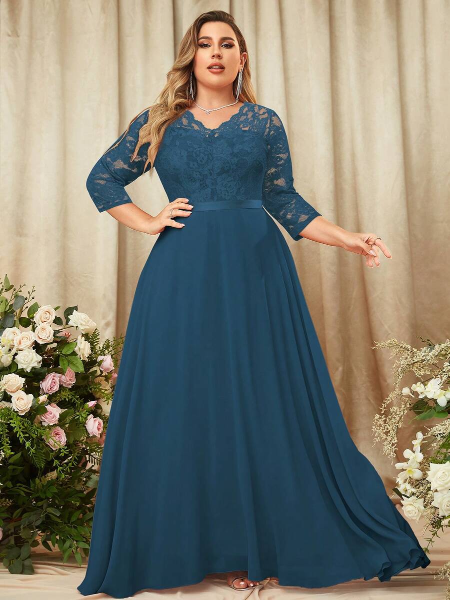 MIUSOL 加大花朵蕾丝撞色雪纺七分袖正式派对长裙、节日女式长裙、优雅女式派对裙、正式晚礼服、舞会礼服、婚礼宾客、毕业典礼、晚宴 - 霧霾藍 - 查看 1