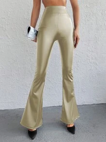 RueChic Solid Flare Leg Pants - Beige - View 6