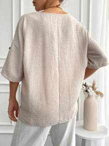 EURMUSE Solid Roll Up Sleeve Blouse - Apricot - View 2
