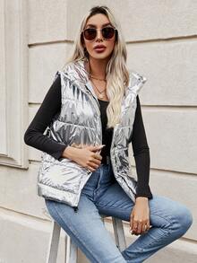 SHEIN Unity 拉链金属连帽背心夹棉大衣 - 銀色 - 查看 5