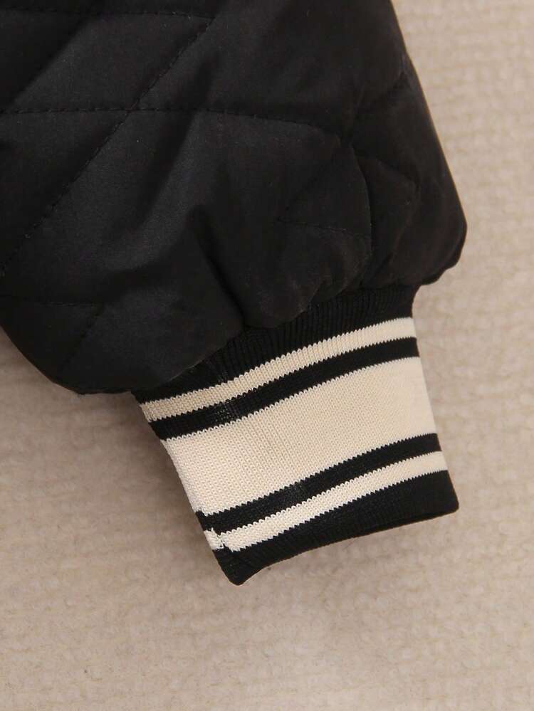 Boys' Fashionable Thick -padded Windproof Long Sleeve Baseball Jacket With Letter Print, Winter
