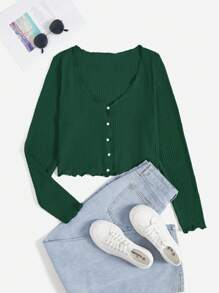 SHEIN Qutie Hơn Ren Mộc nhĩ Nút phía trước Áo thun - Màu xanh lá cây đậm - Xem 1