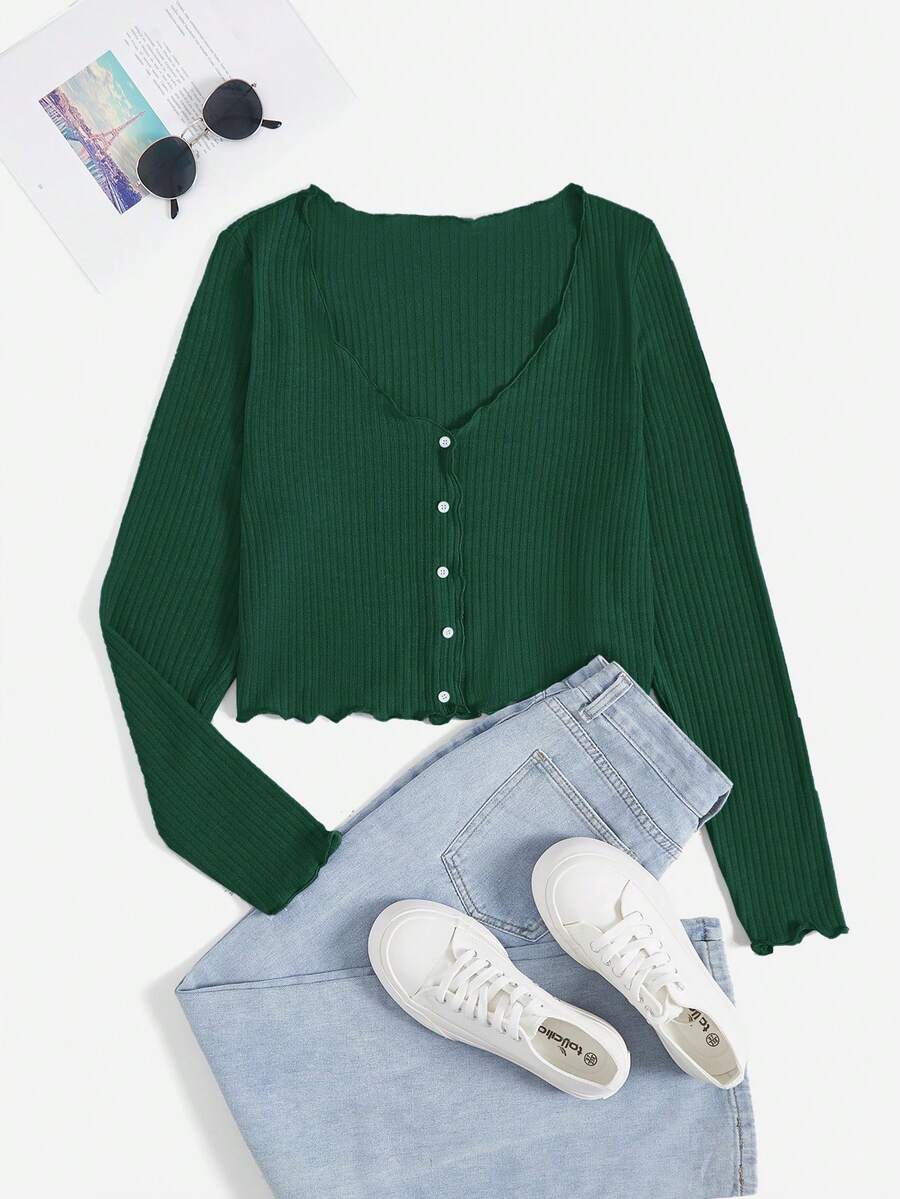 SHEIN Qutie Hơn Ren Mộc nhĩ Nút phía trước Áo thun - Màu xanh lá cây đậm - Xem 1