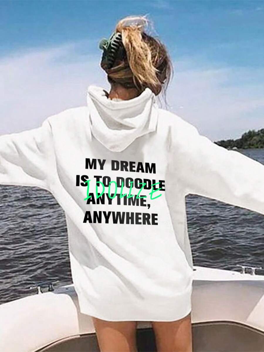 Slogan Graphic Drop Shoulder Hoodie - White - View 1