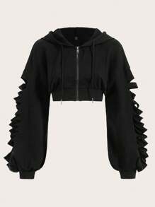 SHEIN EZwear Plus Size Cut Out Drop Shoulder Drawstring Crop Sweatshirt Winter Fall Autumn - Black - View 1