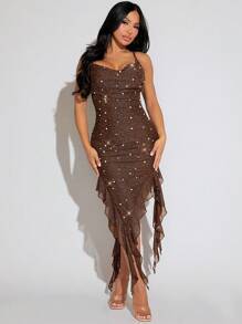 SHEIN SXY 女士實色珠片貼面背心裙 - 巧克力棕 - 查看 4