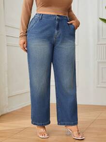 Hơn Cao eo quần ống rộng Quần jean - Rửa tối - Xem 4