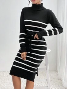 SHEIN Privé Mẫu sọc Áo cao cổ Viền chia cắt Thắt lưng Đầm Áo len - Đen và trắng - Xem 3