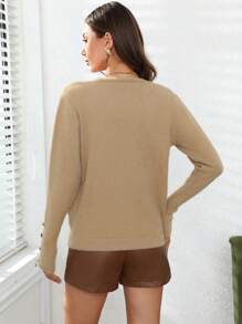 GENKIRA Suéter de punto acanalado con detalle de botones para otoño e invierno - Caqui - Ver 2