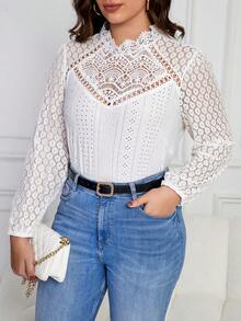 SHEIN Frenchy 大碼水溶蕾絲拼接燈籠袖上衣 - 白色 - 查看 3