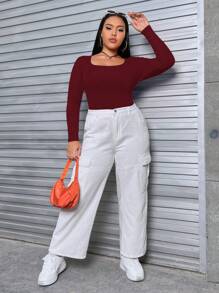 SHEIN EZwear 女款大尺碼圓領純色修身長袖 T 卹 - 酒紅色 - 查看 3