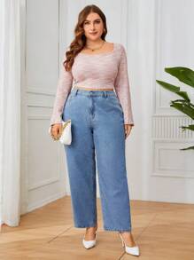 SHEIN Privé 大碼高腰直筒牛仔褲 - 藍色 - 查看 3