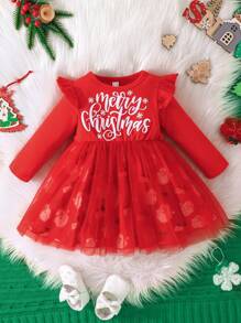 Bebé niña Vestido de malla con estampado de Navidad ribete con fruncido - Rojo - Ver 1