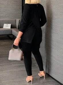 Women's Black Side Split Top And Pants Set - Black - View 2