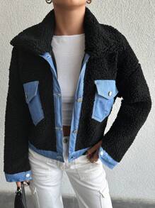 EURMUSE Contrast Trim Flap Pocket Drop Shoulder Teddy Jacket - Black - View 3