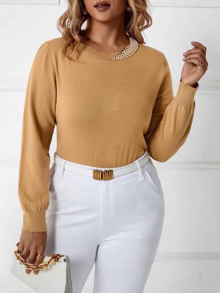 Plus Faux Pearls Beaded Round Neck Sweater Knit Pullover Fall Winter Sweater
