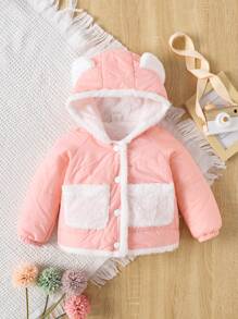 女婴毛绒衬里 3D 耳朵设计连帽插肩袖加厚外套 - 粉色 - 查看 6