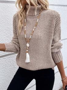 SHEIN LUNE Thả vai Áo cao cổ Áo len - Màu Khaki - Xem 6