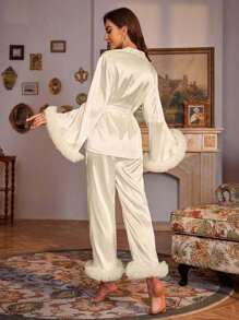 Fuzzy Trim Belted Satin Top & Pants PJ Set / Pajama Set, Fall Winter Clothes - Apricot - View 2