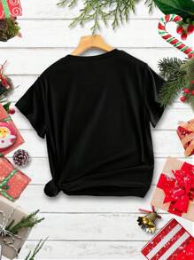 SHEIN LUNE Christmas Print Tee - Black - View 2