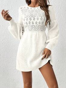 SHEIN Frenchy 女士純色燈籠袖毛衣連衣裙 - 白色 - 查看 5