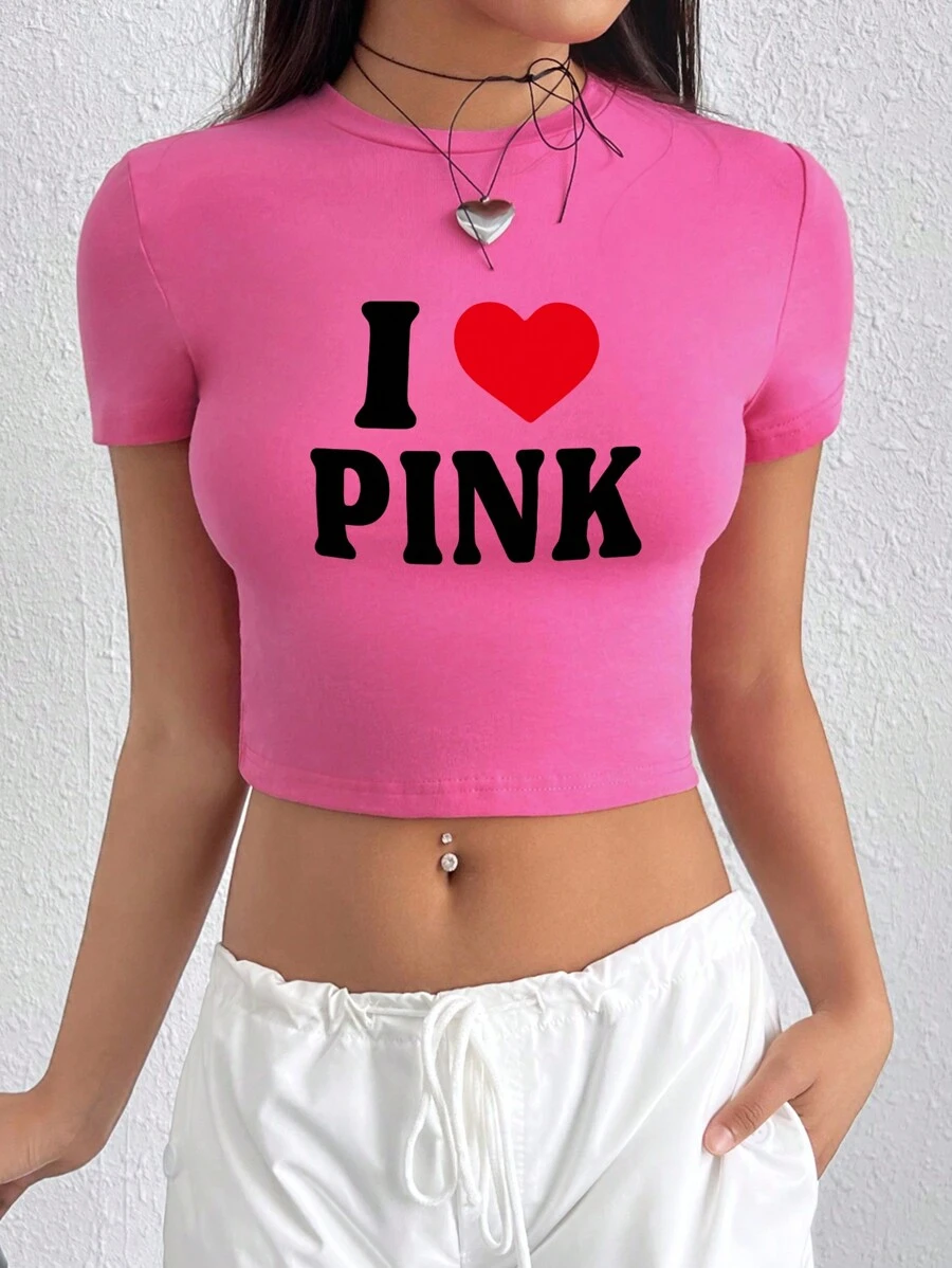 SHEIN EZwear Đồ họa Khẩu hiệu Áo phông Crop - Hồng - Xem 1