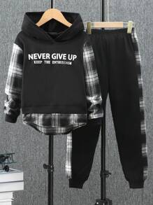 SHEIN Tween Boy Plaid & Slogan Graphic Hoodie & Joggers - Black - View 1