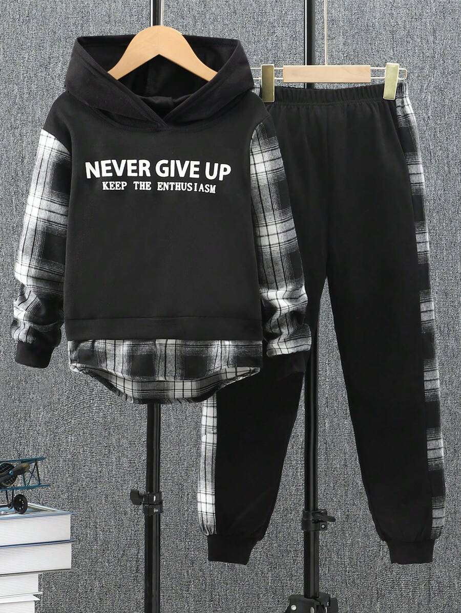 SHEIN Tween Boy Plaid & Slogan Graphic Hoodie & Joggers - Black - View 1