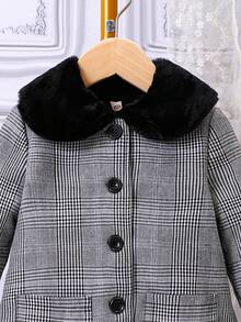 SHEIN Cô Gái Trẻ Kẻ sọc Glen Cổ áo Borg Túi Kép áo - Xám - Xem 6