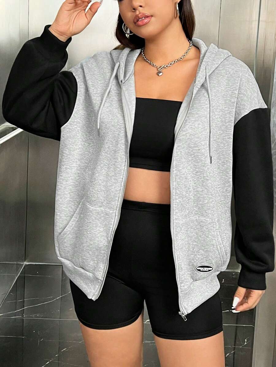 SHEIN EZwear Áo nỉ cổ rộng phối màu, vai rớt, dây rút - Màu Xám nhạt - Xem 1