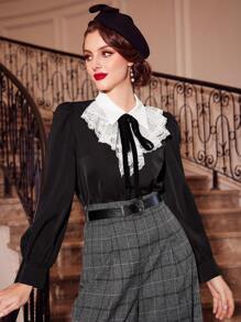 Vintamour Contrast Lace Tie Front Shirt - Black and White - View 3