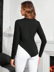 SHEIN Clasi Pha lê Viền rìa Viền không đối xứng Áo thun - màu đen - Xem 2