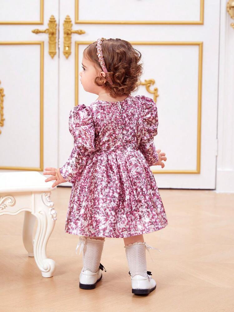 Baby Girls' Gorgeous Beaded Pattern Puff Sleeves Bubble Hem Long Sleeve Dress, Formal Attire