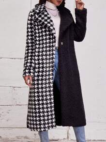 SHEIN LUNE Contrast Houndstooth Print Lapel Neck Teddy Coat Fall Cloth For Women - Black and White - View 5
