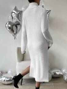 SHEIN Privé Turtleneck Drop Shoulder Split Thigh Sweater Dress - White - View 2