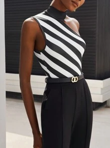 Maija Striped Print Asymmetrical Shoulder Bodysuit,Autumn Outfits For Women