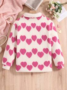 SHEIN Girls' Winter Heart-shaped Plush Jacket - Red and White - View 2