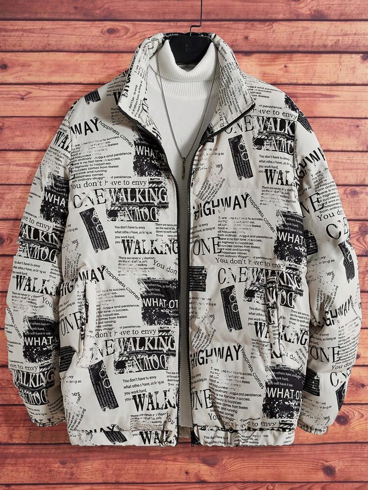 Men Newspaper Print Slant Pockets Padded Coat, For Fall Winter