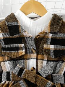 SHEIN 女小童格紋印花翻蓋細節腰帶襯衫洋裝無毛衣 - 駝色 - 查看 3