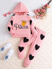 女孩可愛心型圖案連帽衫與褲子套裝 - 粉色 - 查看 1