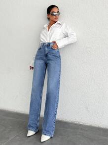 EURMUSE 100%Cotton Ladies' Zip Fly Front Jeans - Medium Wash - View 4