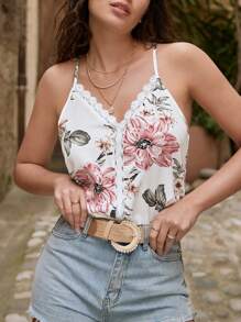 SHEIN Frenchy Floral Print Guipure Lace Insert Cami Top - Multicolor - View 1