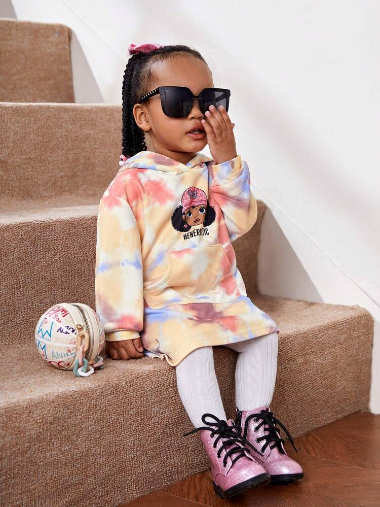 Baby Girl Tie Dye Cartoon Graphic Hooded Sweatshirt Dress