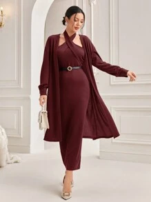Modelyn Burgundy Red Solid Bodycon Halter Dress & Open Front Coat Without Belt 2 Piece Set - Burgundy - View 4