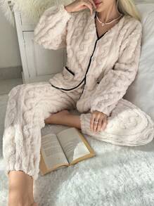 撞色滾邊法蘭絨休閒服套裝 - 杏色 - 查看 7