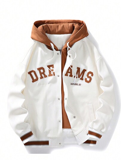 Men Plus Embroidery Letter Pattern Striped Trim Drop Shoulder Drawstring Hooded Jacket, For Fall