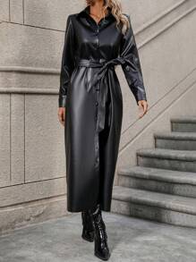 SHEIN Clasi 前扣系带 PU 皮革衬衫裙 女式长款套装 - 黑色 - 查看 3