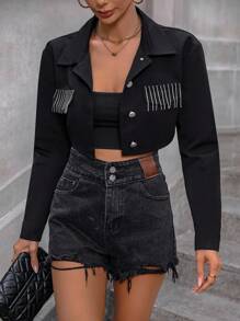 SHEIN Essnce Viền rìa Áo Jacket Crop - màu đen - Xem 6